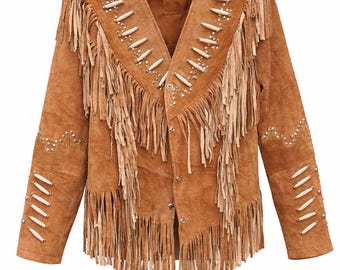 Suede Fringe Leather Jacket, Studded Native Boho Tassel Coat, Western Festival Outfit