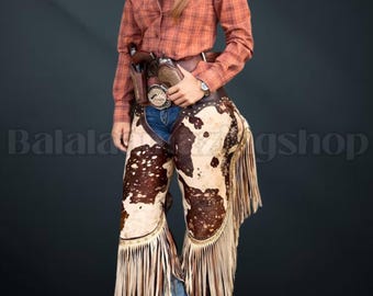 Handmade Cowhide Leather Chaps with Fringe: Rodeo Cowboy Costume