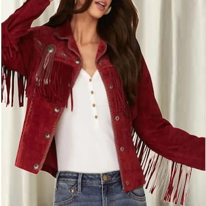 Giacca da donna in pelle con frange vintage - Giacca in pelle da donna - Giacca in pelle scamosciata fatta a mano