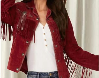Women&#39;s Western Jacket Vintage Fringe Leather Jacket - Ladies Leather Jacket - Handmade Suede Leather Jacket