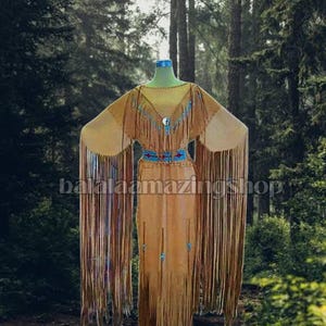 Women&#39;s Leather Handmade Long Beaded Fringes Wedding Maxi Dress Powwow Regalia Native Dress