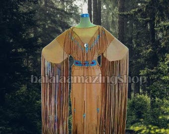 Damen Leder Handmade Lange Perlen Fransen Hochzeit Maxi Kleid Powwow Regalia Native Dress