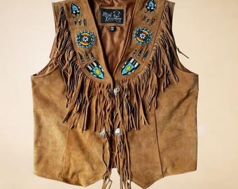 Vintage Suede Leather Fringe Vest with Native Beaded Accents – Boho Festival Style