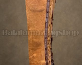 Handmade Leather Chaps – Western Cowboy Fringe Chinks with Tooling & Pocket