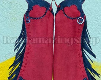 Custom Youth Rodeo Chaps – Red & Navy Leather Fringe – Western Horse Riding Gear