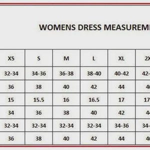 May include: A size chart for women's dresses, displaying measurements in inches. The chart includes size variations for chest, shoulder, waist, sleeves, fringes, and hips, ranging from XS to 5XL. The text "SIZE CHART" and "WOMENS DRESS MEASUREMENTS (INCHES)" are visible.