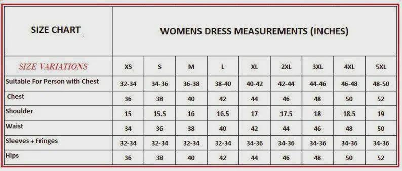 May include: A size chart for women's dresses, displaying measurements in inches. The chart includes size variations for chest, shoulder, waist, sleeves, fringes, and hips, ranging from XS to 5XL. The text "SIZE CHART" and "WOMENS DRESS MEASUREMENTS (INCHES)" are visible.