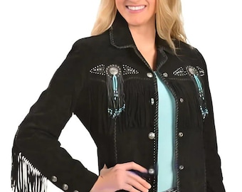 Fringe Suede Women&#39;s Jacket, Fringe Western Vintage Jacket Ladies Leather Jacket, Genuine Suede Leather, Western Jacket