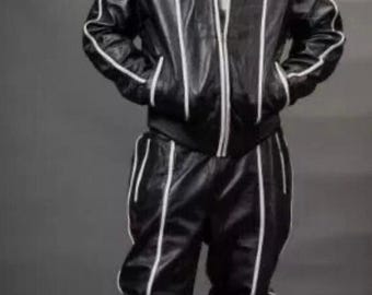 Men&#39;s Brayden PU Leather Track Suit Sweat suit Style Street wear piped.