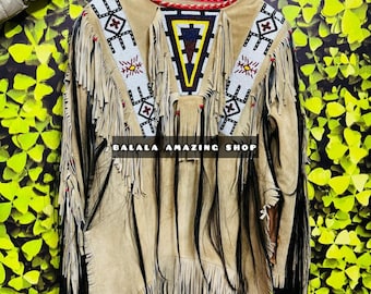 Handmade Suede Leather War Shirt & Pants Set: Beaded Fringe Regalia