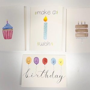 Birthday Card Set, Hand Painted Watercolor (Not printed), Pack of 4, Original Designs