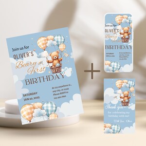 Boy Teddy Bear birthday Invite, Boy Beary First Birthday Invitation template, Editable Blue color Bear Birthday party theme BBF003