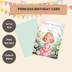 Princess Happy Birthday Card Printable,Niece Granddaughter Daughter Birthday Card,Girl Name Pink Princess Floral Birthday Greeting Card