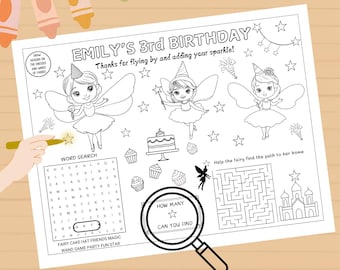 Fairy Party Printable Coloring Placemat for Girl Birthday, Fairy Party Favor, Fairy Coloring and Activity Sheet, Fairy Theme Activity Game