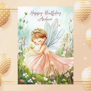 Tarjeta de cumpleaños imprimible de jardín de hadas para niños, tarjeta de cumpleaños para sobrina, nieta e hija, tarjeta de felicitación de cumpleaños de hada rosa con nombre personalizado