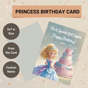 Princess Happy Birthday Card Printable,Niece Granddaughter Daughter Birthday Card,Girl Custom Name Blue Pink Princess Cake Birthday Card