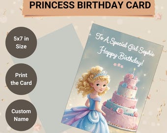 Carte de joyeux anniversaire princesse imprimable, carte d'anniversaire nièce petite fille fille, carte d'anniversaire gâteau de princesse bleu rose avec nom personnalisé