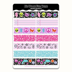 May include: Washi stickers with a variety of designs. The stickers include alien heads, butterflies, peace signs, and hearts. The stickers are in various colors, including pink, purple, green, and blue. The text "NO YEAH FOR SURE" is at the top.