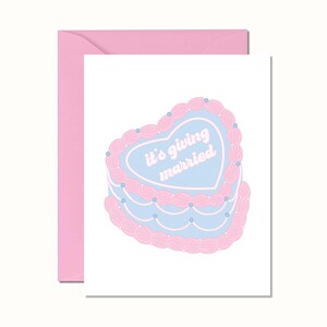 Cartão de casamento "It's Giving Married", bolo de casamento vintage em forma de coração, cartão de casamento engraçado