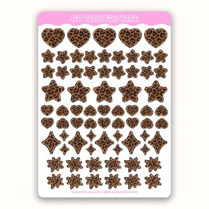 May include: A sticker sheet with various leopard print shapes, including hearts, stars, diamonds, and floral designs. The sticker sheet has a pink header with the text "NO YEAH FOR SURE" and the website address noyeahforsure.com.