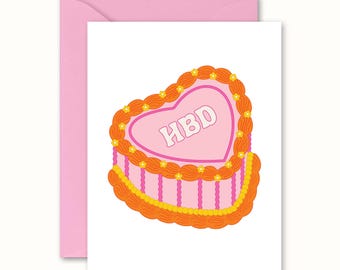 Happy Birthday Card, Heart Shaped Vintage Retro Cake, Coquette Girly