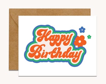 Groovy Floral Happy Birthday Card: Retro 60s 70s Style