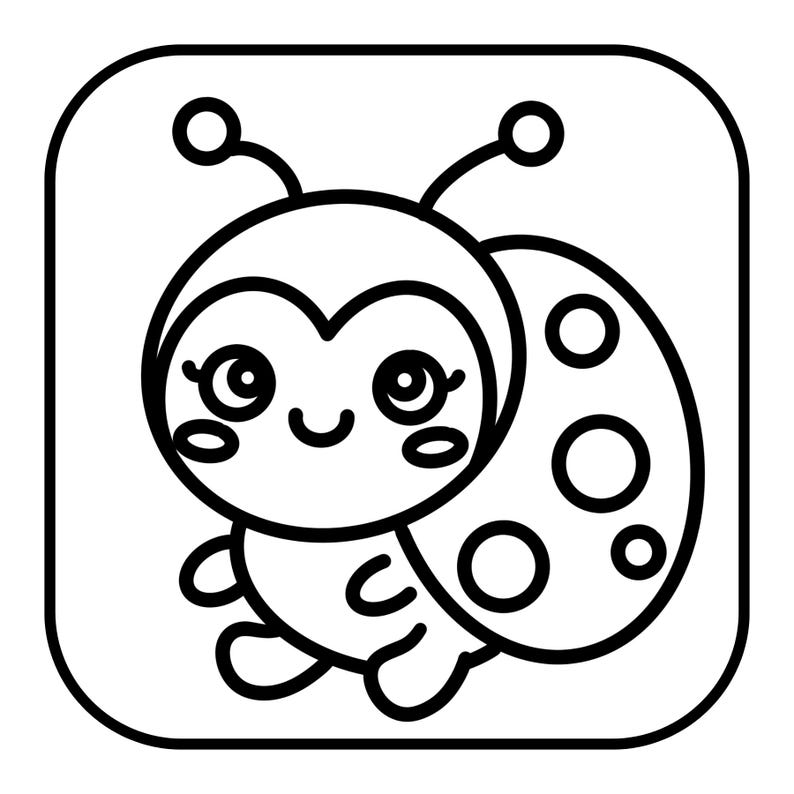 Op de afbeelding: Een zwart-wit cartoon illustratie van een lieveheersbeestje in een afgerond vierkant frame. Het lieveheersbeestje heeft grote ogen, een lachende mond en stippen op zijn vleugel. De afbeelding is een eenvoudig, strak ontwerp.