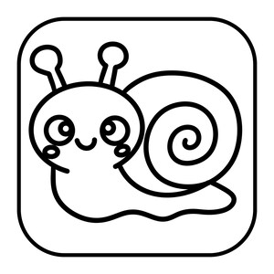 Op de afbeelding: Zwart-wit cartoon illustratie van een slak met een lachend gezicht, grote ogen en een spiraalvormig huis. De slak staat in een afgerond vierkant kader.