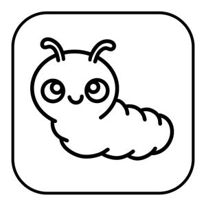 Op de afbeelding: Zwart-wit cartoonillustratie van een schattige rups in een vierkant frame met afgeronde hoeken. De rups heeft grote, ronde ogen, een kleine glimlach en antennes.