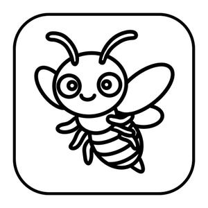 Op de afbeelding: Zwart-wit cartoonillustratie van een bij in een afgerond vierkant. De bij heeft grote ogen, antennes, vleugels en een gestreept achterlijf. Het ontwerp is eenvoudig en vriendelijk.