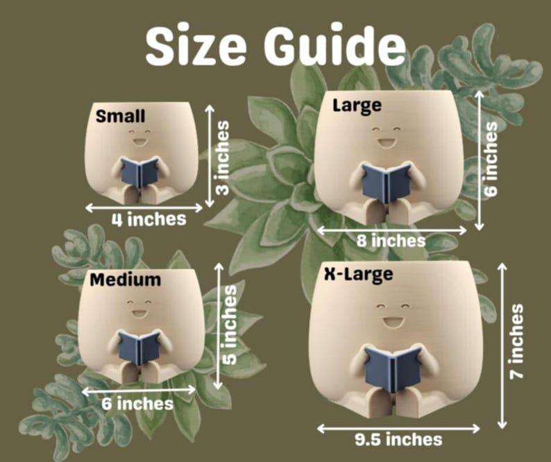 May include: Size guide for a set of four ceramic planters shaped like a person sitting and reading a book. The planters are labeled "Small", "Medium", "Large", and "X-Large" and show the dimensions in inches.