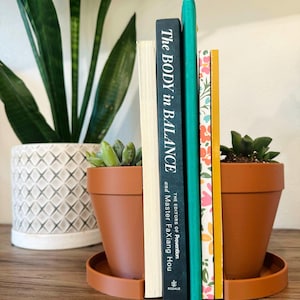 May include: A set of terracotta plant pots with succulents used as bookends. The bookends are holding up a stack of books, including "Prevention and The Editors of Prevention and Master Faxian Hou, The Body in Balance".