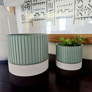 May include: Two green ceramic planters with white bases. The larger planter is empty and the smaller planter has a green plant inside.