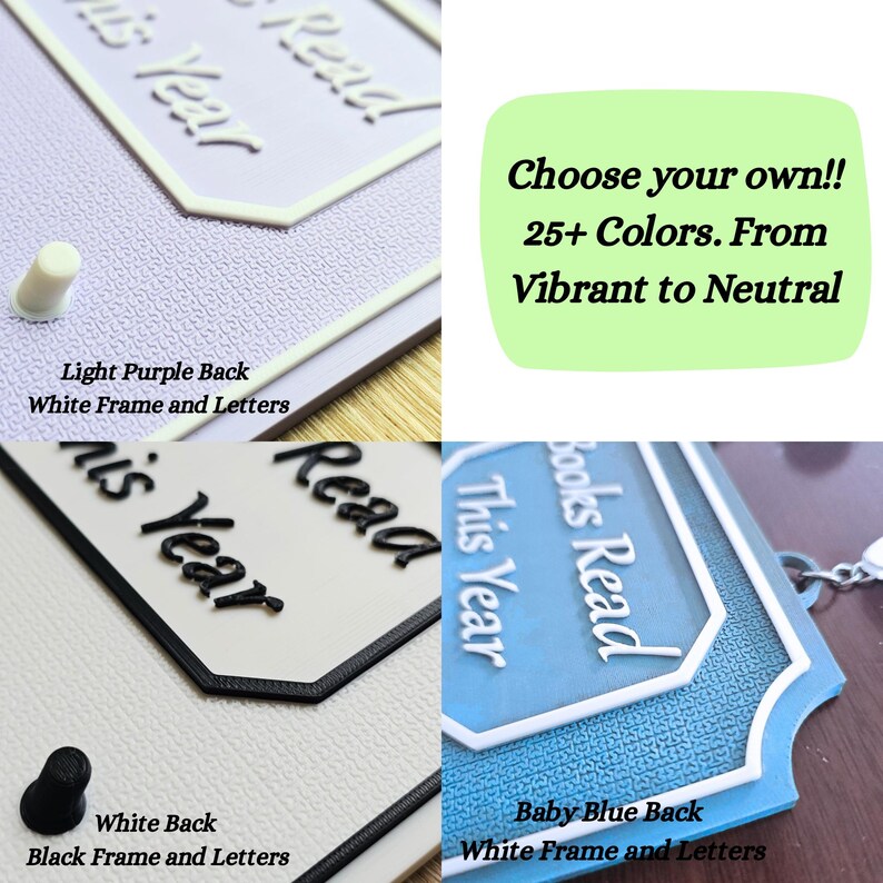 May include: A collage of book-shaped ornaments in various colors, including light purple, white, and baby blue. Each ornament features the words "Read This Year" or "Books Read This Year" in contrasting colors. The text "Choose your own!! 25+ Colors. From Vibrant to Neutral" is also present.