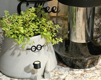 Plump Coffee Planter With Glasses: Cozy Home Decor, Cute Gift for Plant Lover
