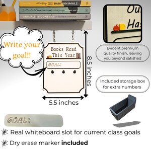 May include: A white wooden sign, 8.5 inches tall and 5.5 inches wide, with the text "Books Read This Year." It includes a whiteboard section for goals and a storage box. A dry erase marker is included.