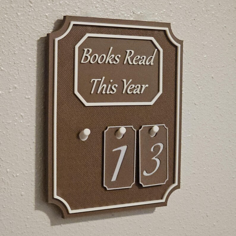 May include: A brown wall plaque with white trim and the text "Books Read This Year." Below are two small tags with the numbers "7" and "3." The plaque has a textured surface and is mounted on a wall.