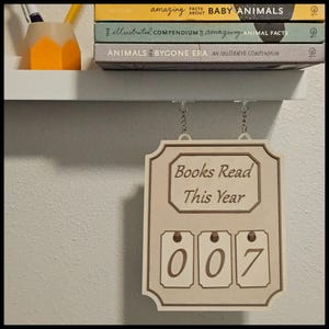 May include: A wooden sign with the text "Books Read This Year" and the number "007" displayed. The sign is hanging below a shelf with books and a pencil holder.