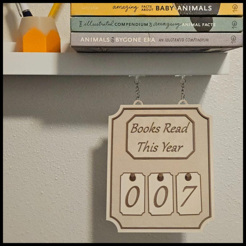 May include: A wooden sign with the text "Books Read This Year" and the number "007" displayed. The sign is hanging below a shelf with books and a pencil holder.