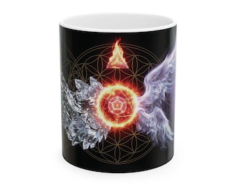 Elemental Wings Flame and Ice Mandala Mug | Ceramic Coffee Cup