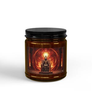 May include: A brown glass jar with a black lid. The label features a detailed illustration of a horned figure seated on a throne within a fiery, geometric design. The jar is filled with a light brown substance.