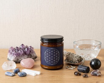 Vela de Geometria Sagrada - Vela Ritual de Cera de Soja Flor da Vida, Decoração Espiritual para Altar, Presente para Meditação, Vela Kemetiana em Pote Azul e Dourado