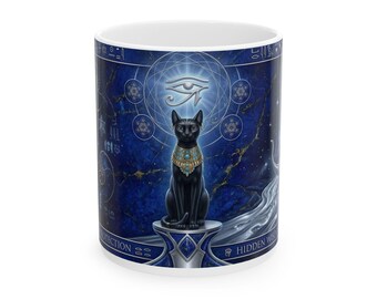 Bastet Egyptian Cat Goddess Mug | Lapis Lazuli & Lunar Protection | Ancient Kemet Alchemical Ritual Vessel