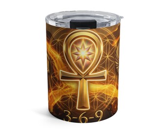 Copo Térmico Selo Sagrado da Trindade em Ouro Líquido | Série Nascido das Estrelas 5D | Ankh e Estrela de Nut em Ouro 24k | Edição Sucesso dos Alquimistas