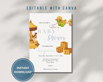 Vintage Toy Baby Shower Invitation: Rustic Watercolor Template (Digital Download)