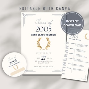 May include: A white and blue printable invitation for a 20th class reunion. The invitation features a gold laurel wreath and the text "Class of 2005" and "20th Class Reunion". The invitation also includes the date and time of the reunion, the location, and an RSVP deadline.