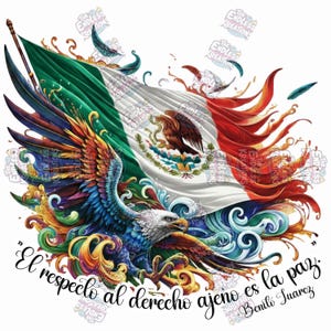 Levendige Mexicaanse vlag adelaar PNG met citaat van Benito Juarez direct downloaden