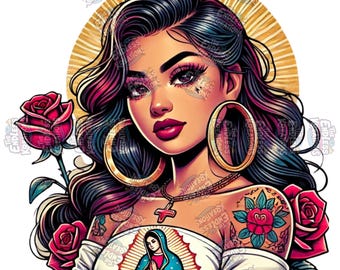 Bold and Beautiful Latina with Roses Representing Mexican Roots PNG-Instant Download