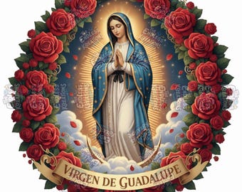 Virgen de Guadalupe PNG | Floral Halo, Red Roses (Instant Download)