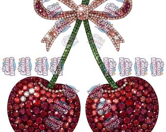 Pink Coquette Bow & Cherries PNG - Faux Rhinestone Effect - Instant Download
